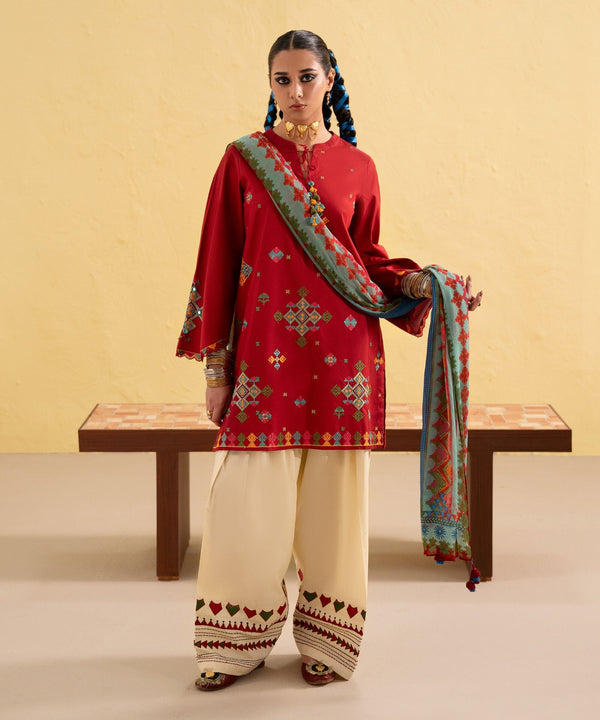 Dhanak-3PC Embroidered Shirt with Digital Printed Wool Shawl - 3437