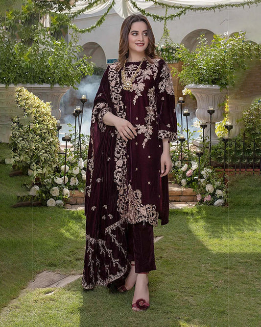 Velvet-3pc Embroidered with Velvet Embroidered Dupatta-955