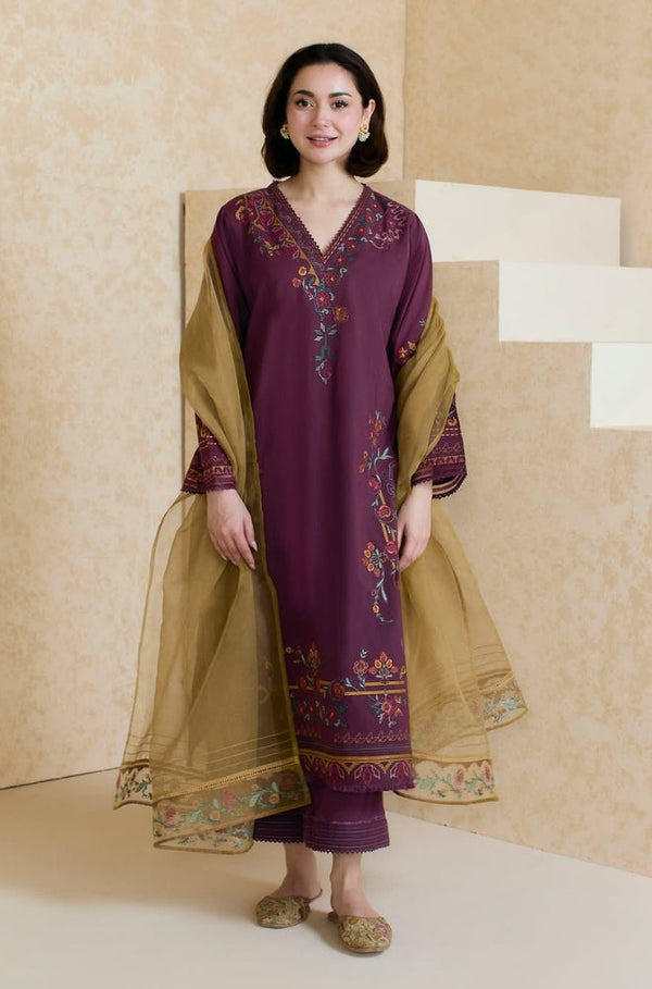 Dhanak -3PC Embroidered Shirt With Organza Embroidered Dupatta-3343